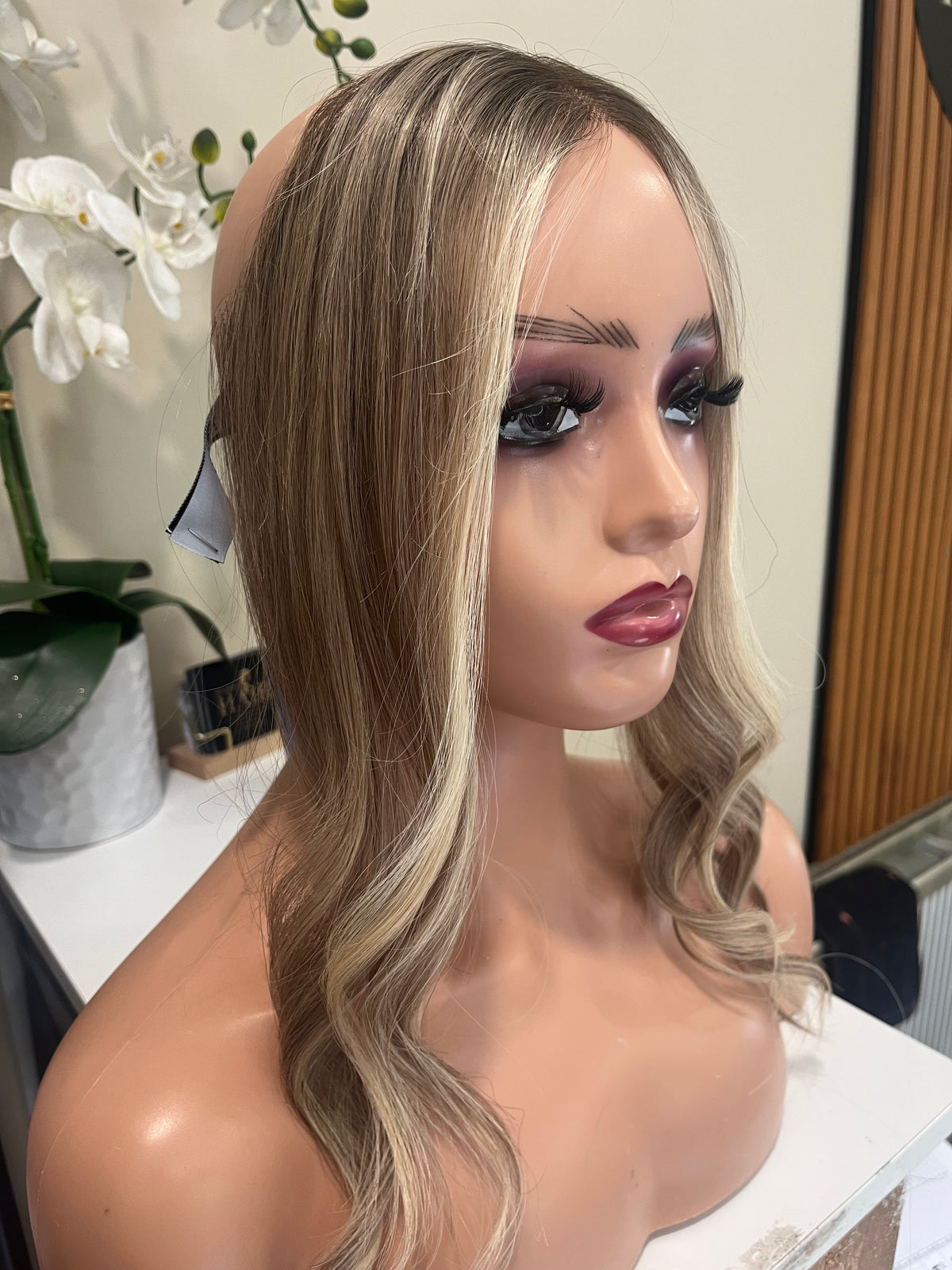 The AJ Hairline Human Hair Enhancer 12inch Expresso Rooted Blonde Lights