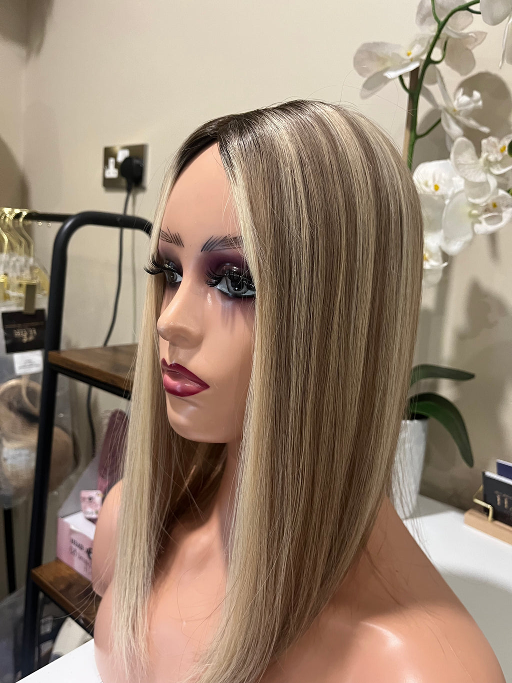 The AJ Ultra Lightweight Human Hair Enhancer 14inch Expresso Rooted Blonde Lights